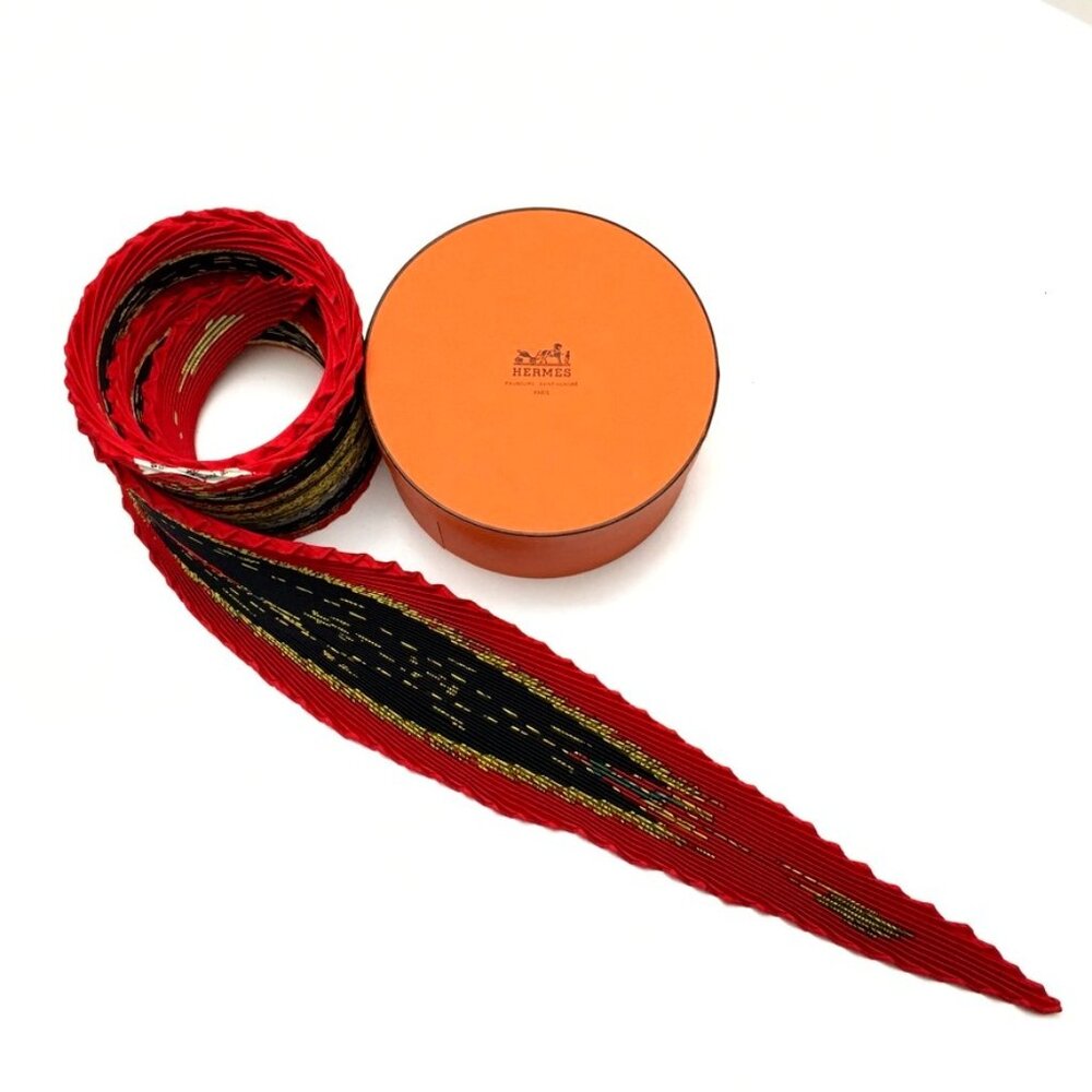 Auth. HERMES PARIS La Reale La Galere Pleated Black Red Yellow Scarf